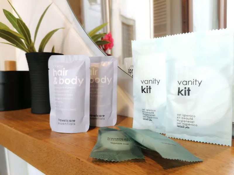 Blue bedroom bathroom · guest toiletries