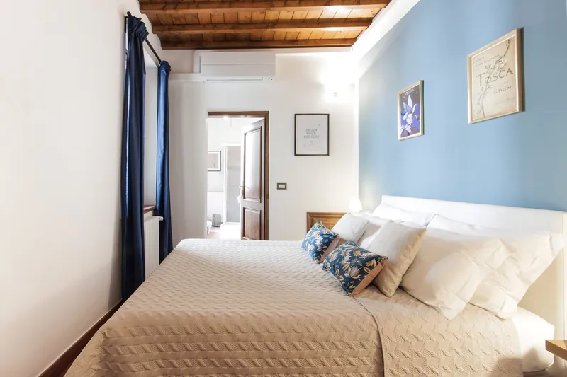 Blue bedroom · double bed, blue wall and private bathroom